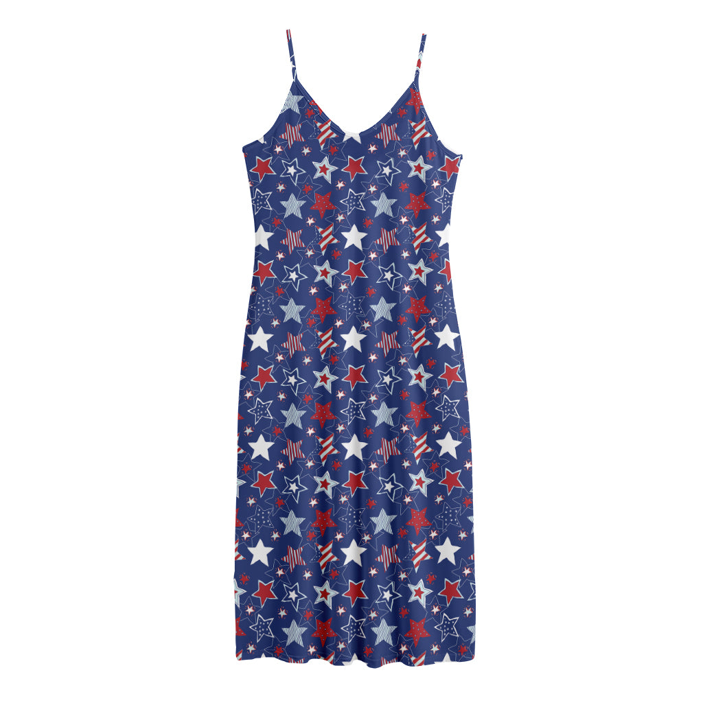 4th of July American Star Pattern Print Jersey Midi Cami Dress