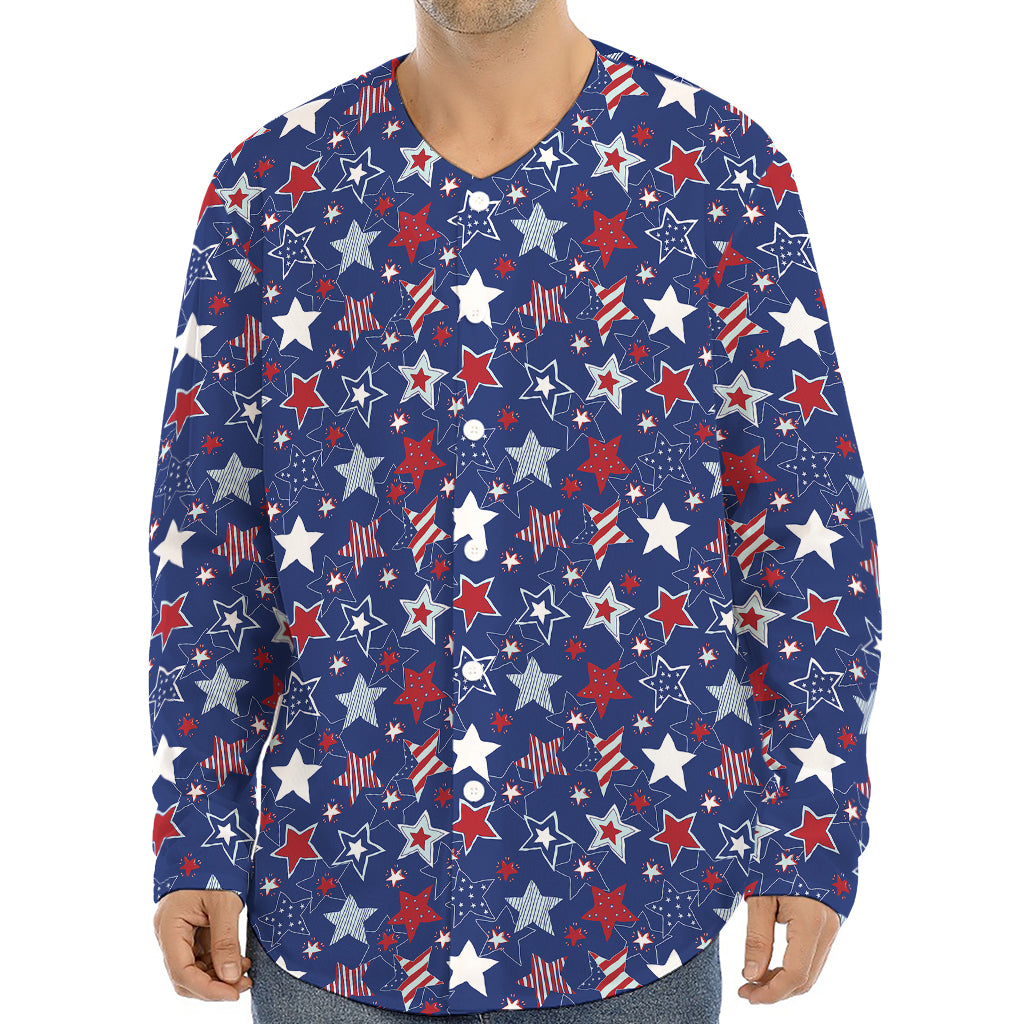 4th of July American Star Pattern Print Long Sleeve Baseball Jersey