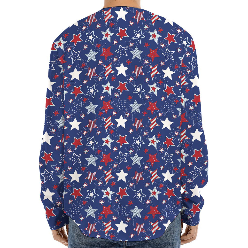 4th of July American Star Pattern Print Long Sleeve Baseball Jersey