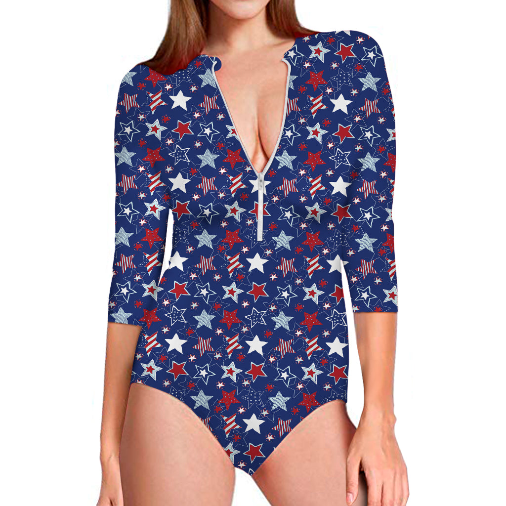 4th of July American Star Pattern Print Long Sleeve Swimsuit