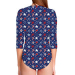 4th of July American Star Pattern Print Long Sleeve Swimsuit