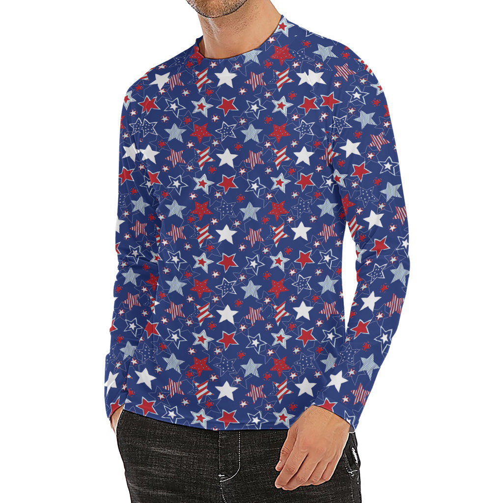 4th of July American Star Pattern Print Men's Long Sleeve Rash Guard