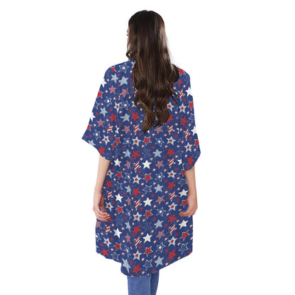 4th of July American Star Pattern Print Open Front Beach Cover Up