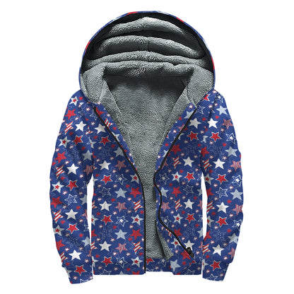 4th of July American Star Pattern Print Sherpa Lined Zip Up Hoodie