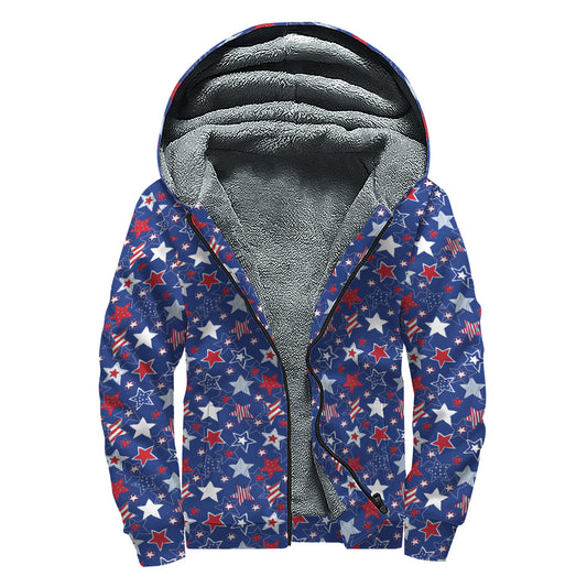 4th of July American Star Pattern Print Sherpa Lined Zip Up Hoodie