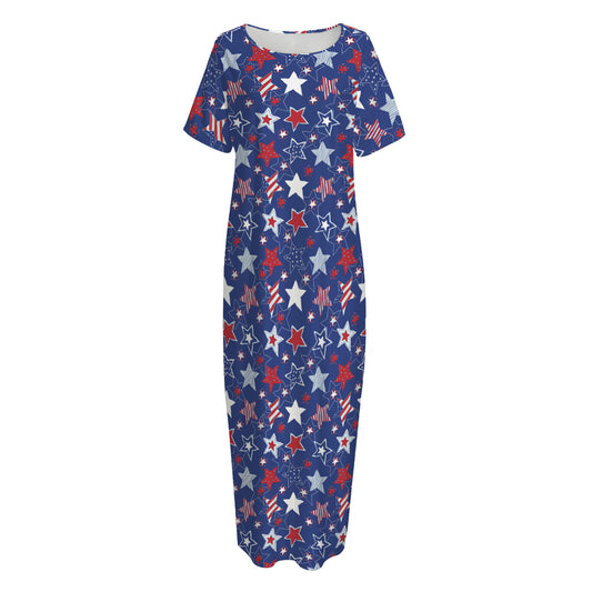 4th of July American Star Pattern Print Short Sleeve Long Nightdress