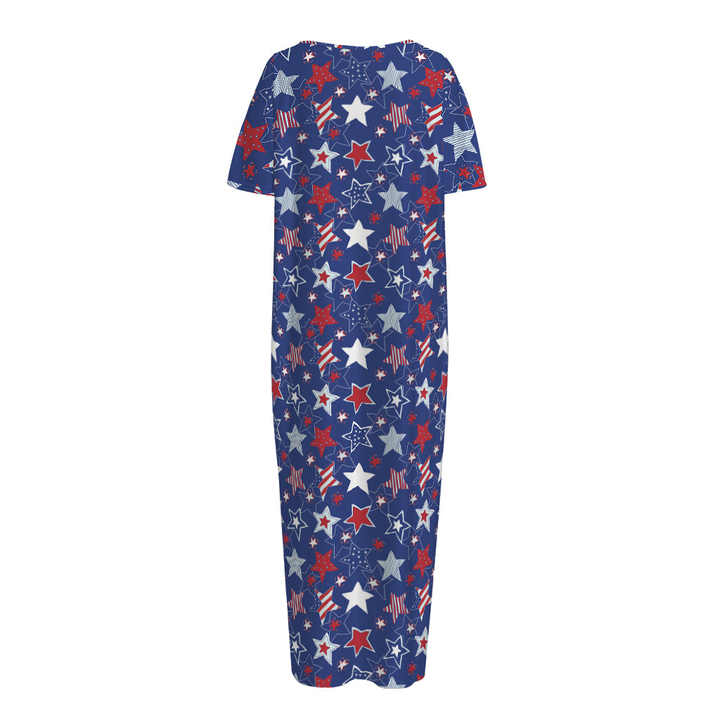 4th of July American Star Pattern Print Short Sleeve Long Nightdress