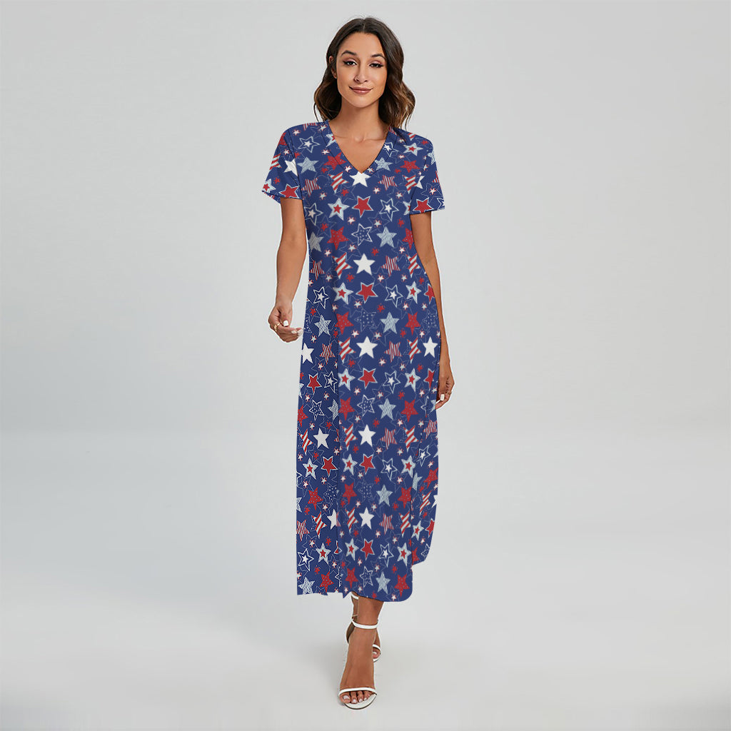 4th of July American Star Pattern Print Short Sleeve Maxi Dress