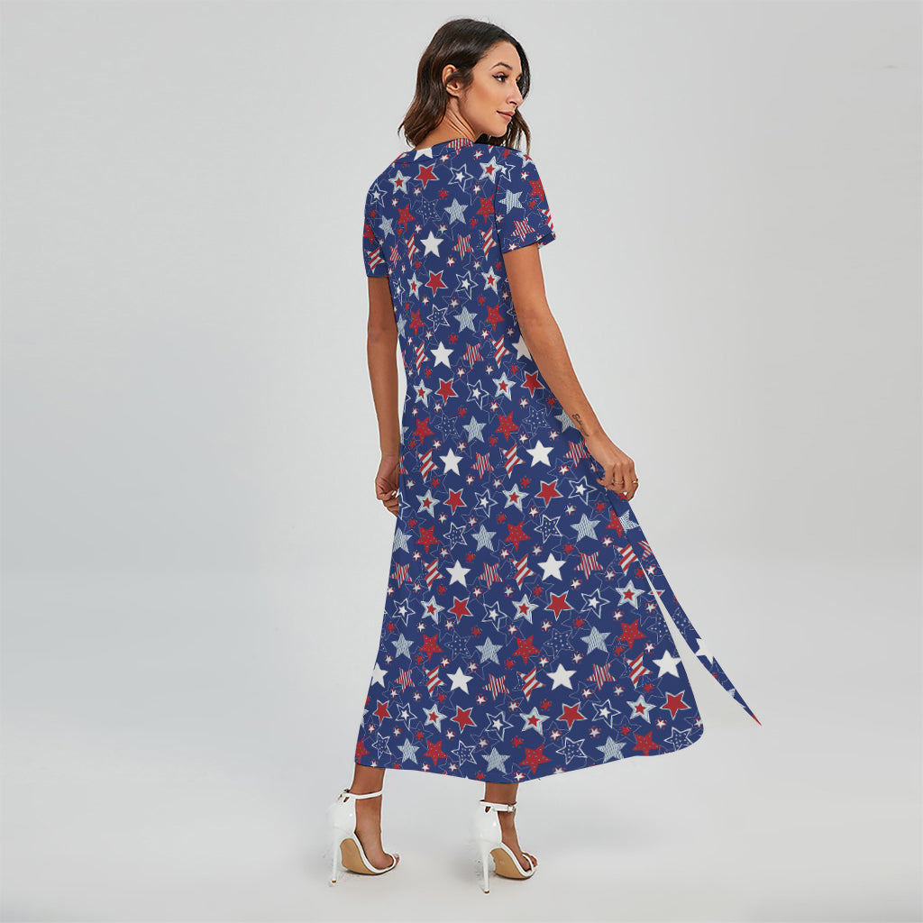 4th of July American Star Pattern Print Short Sleeve Maxi Dress