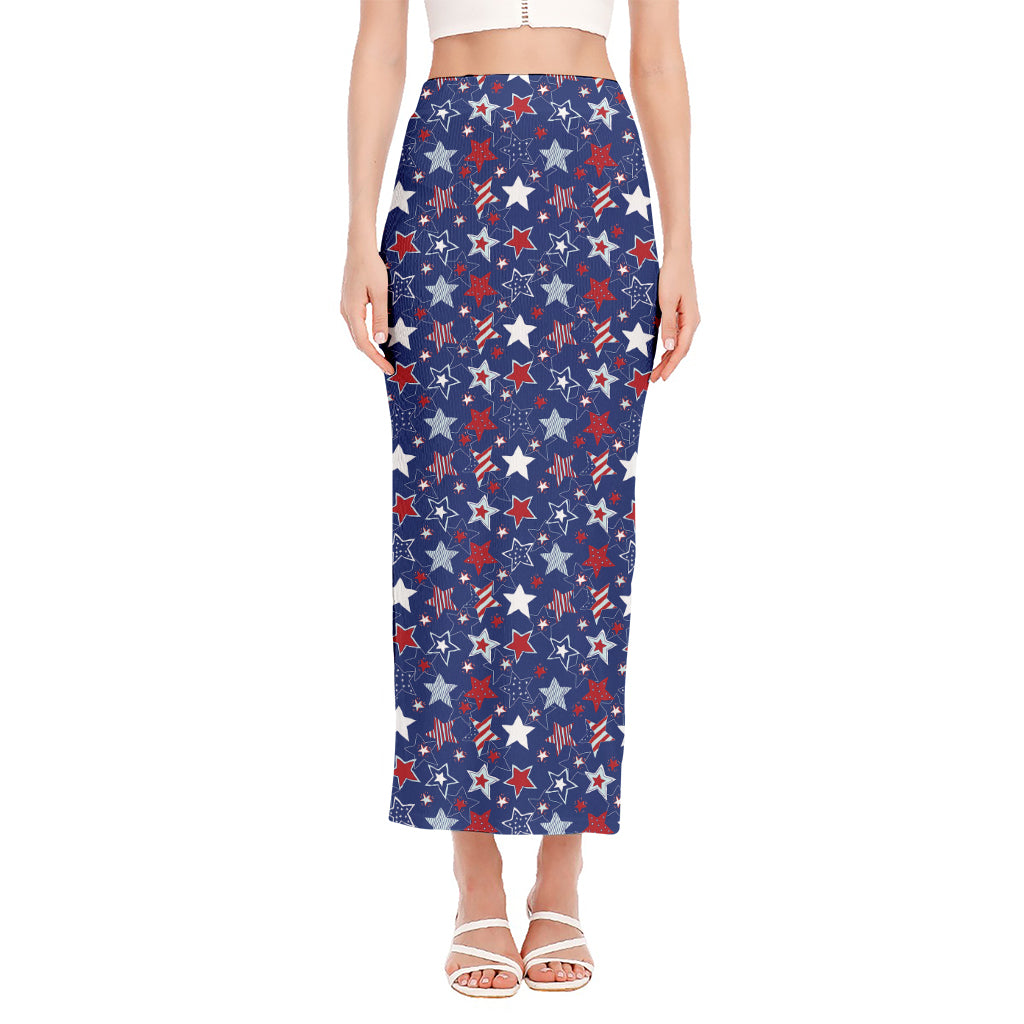 4th of July American Star Pattern Print Side Slit Maxi Skirt