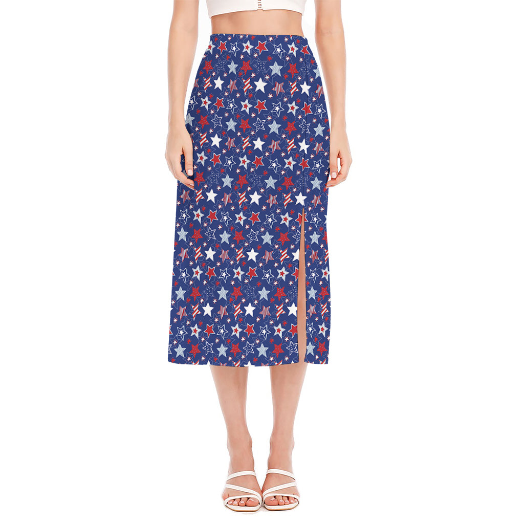 4th of July American Star Pattern Print Side Slit Midi Skirt