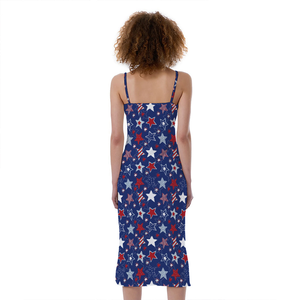 4th of July American Star Pattern Print Slim Fit Midi Cami Dress