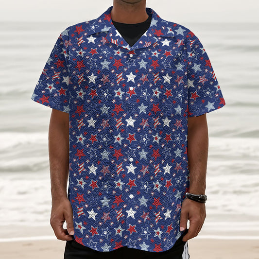 4th of July American Star Pattern Print Textured Short Sleeve Shirt