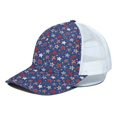 4th of July American Star Pattern Print White Mesh Trucker Cap