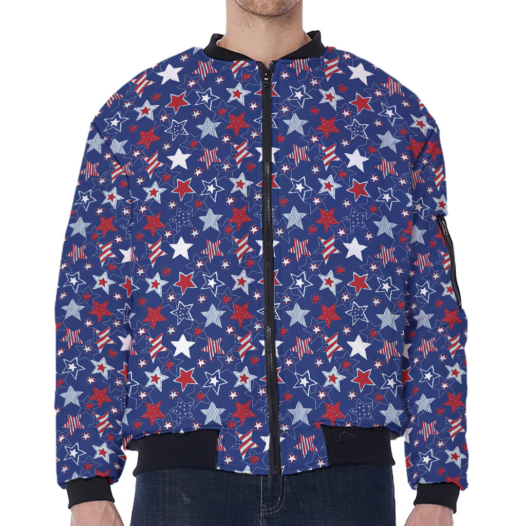 4th of July American Star Pattern Print Zip Sleeve Bomber Jacket