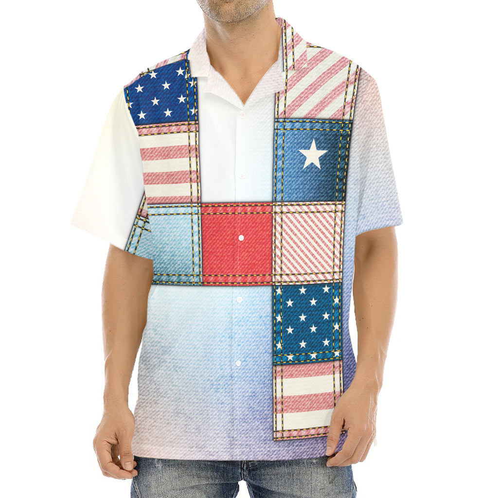 4th of July USA Denim Patchwork Print Aloha Shirt