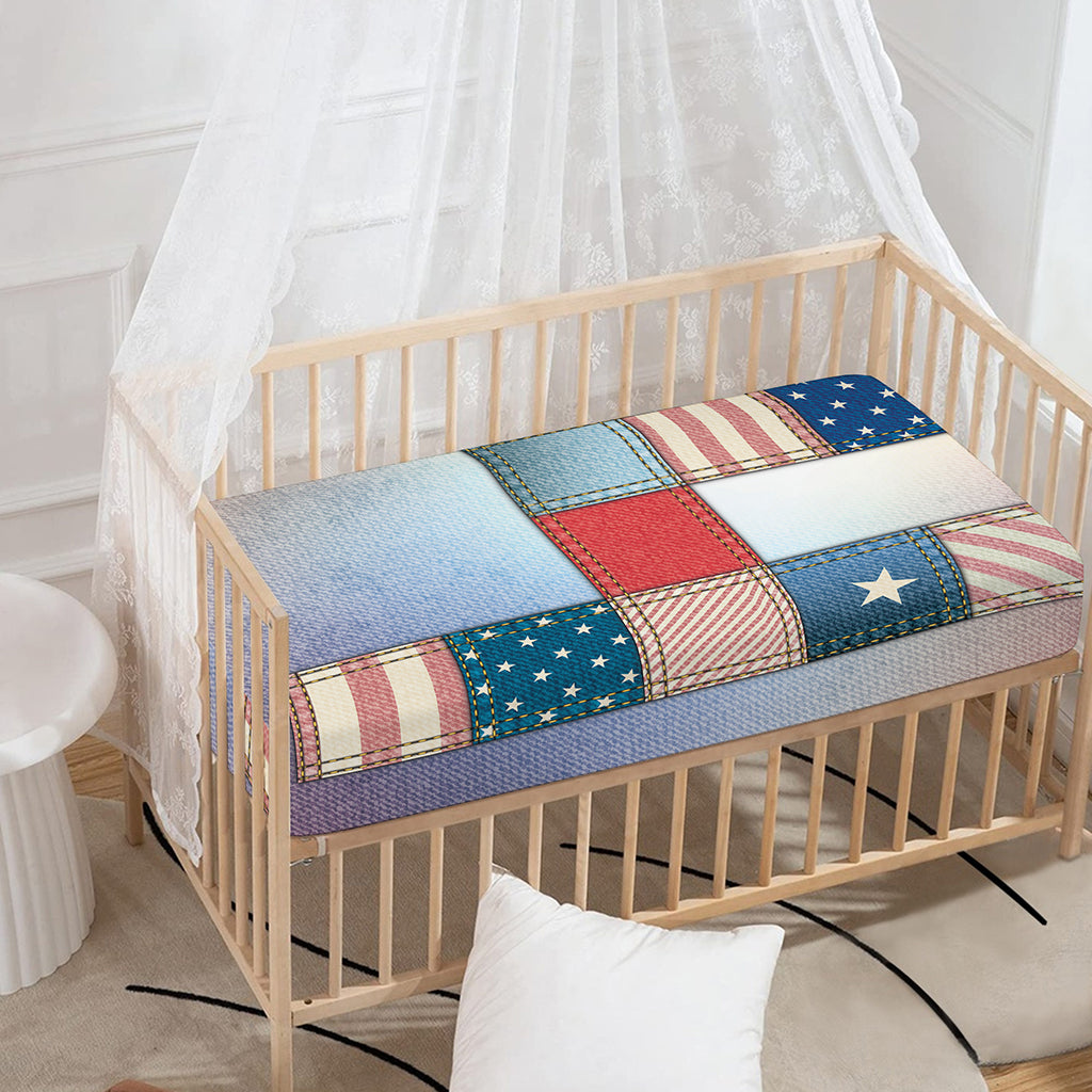 4th of July USA Denim Patchwork Print Baby Crib Sheet