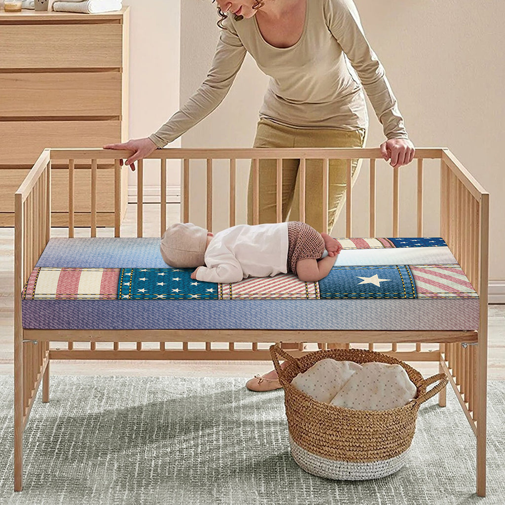 4th of July USA Denim Patchwork Print Baby Crib Sheet