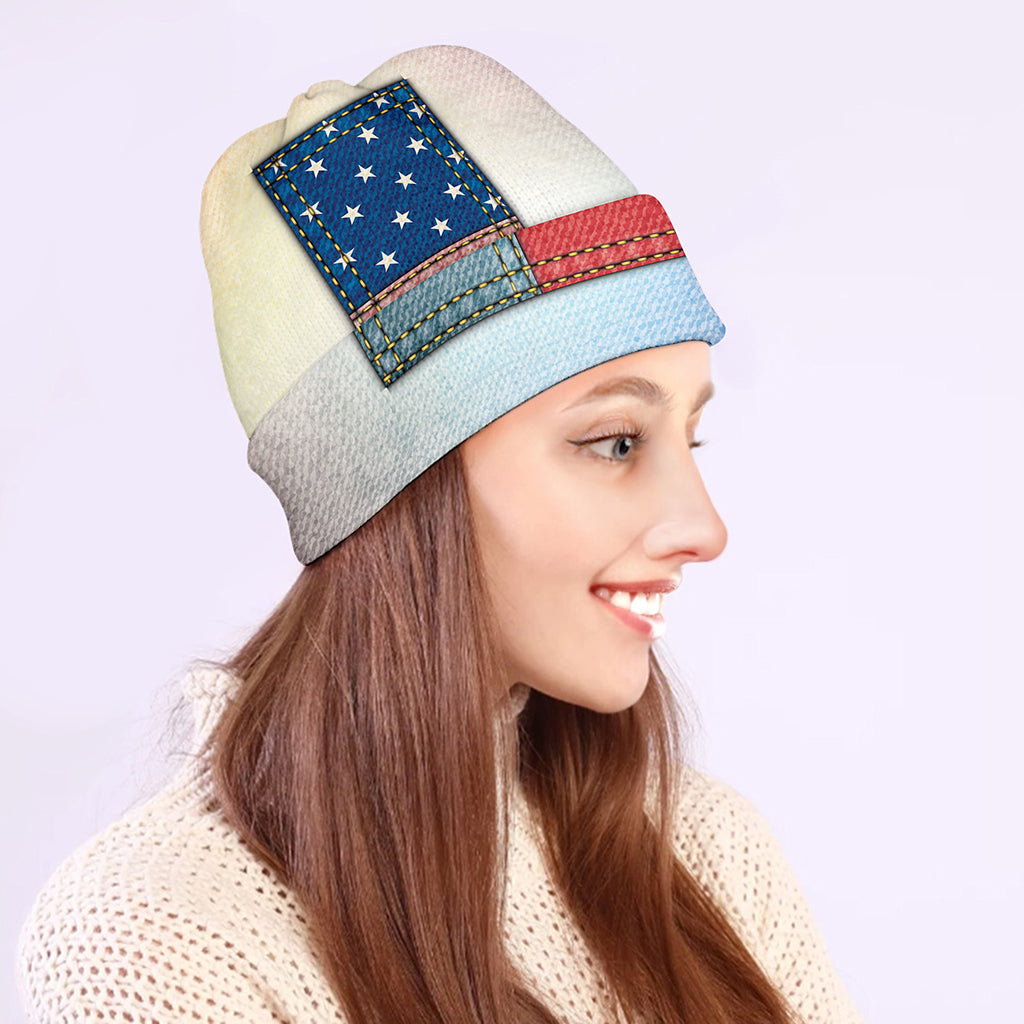 4th of July USA Denim Patchwork Print Beanie