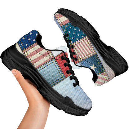 4th of July USA Denim Patchwork Print Black Chunky Shoes