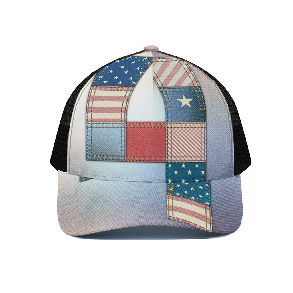 4th of July USA Denim Patchwork Print Black Mesh Trucker Cap