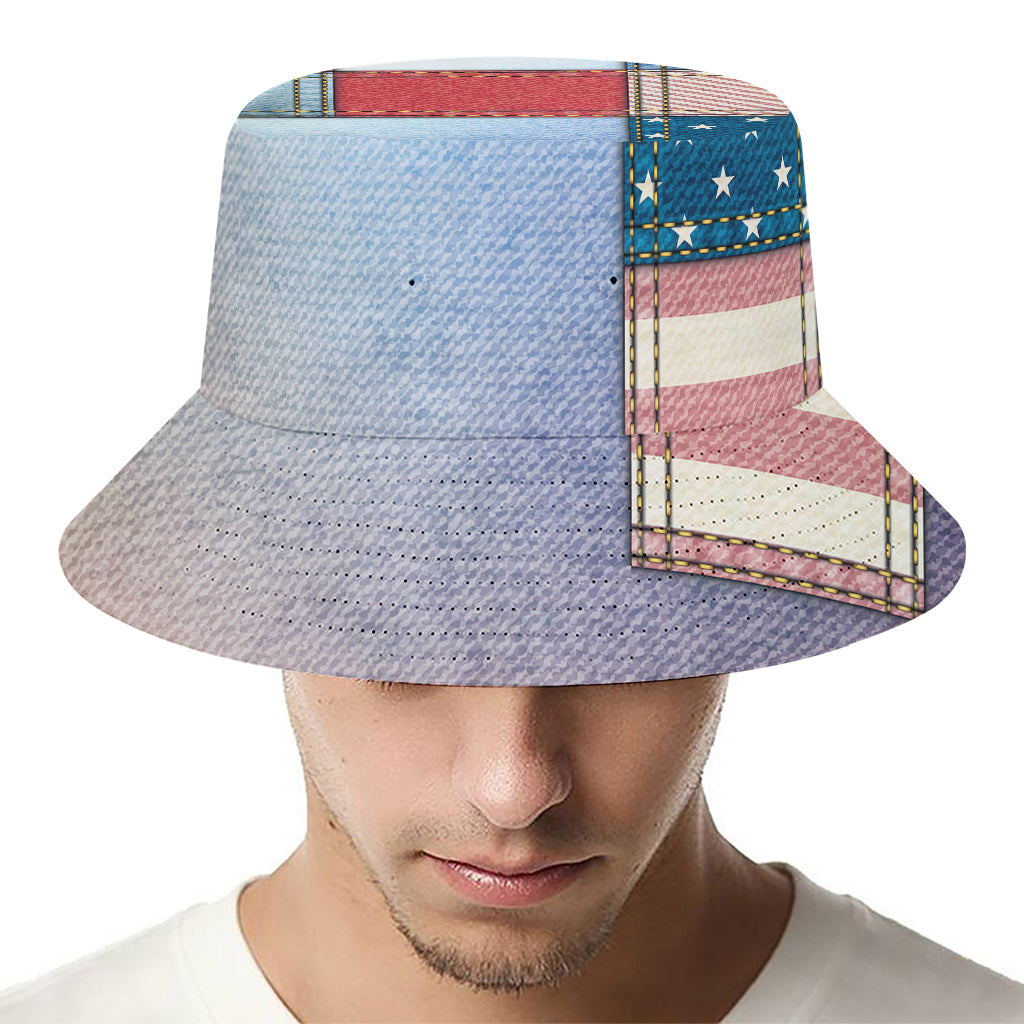4th of July USA Denim Patchwork Print Bucket Hat