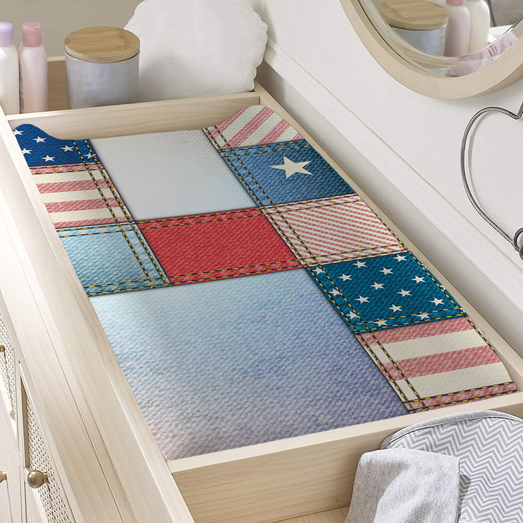 4th of July USA Denim Patchwork Print Changing Pad Cover