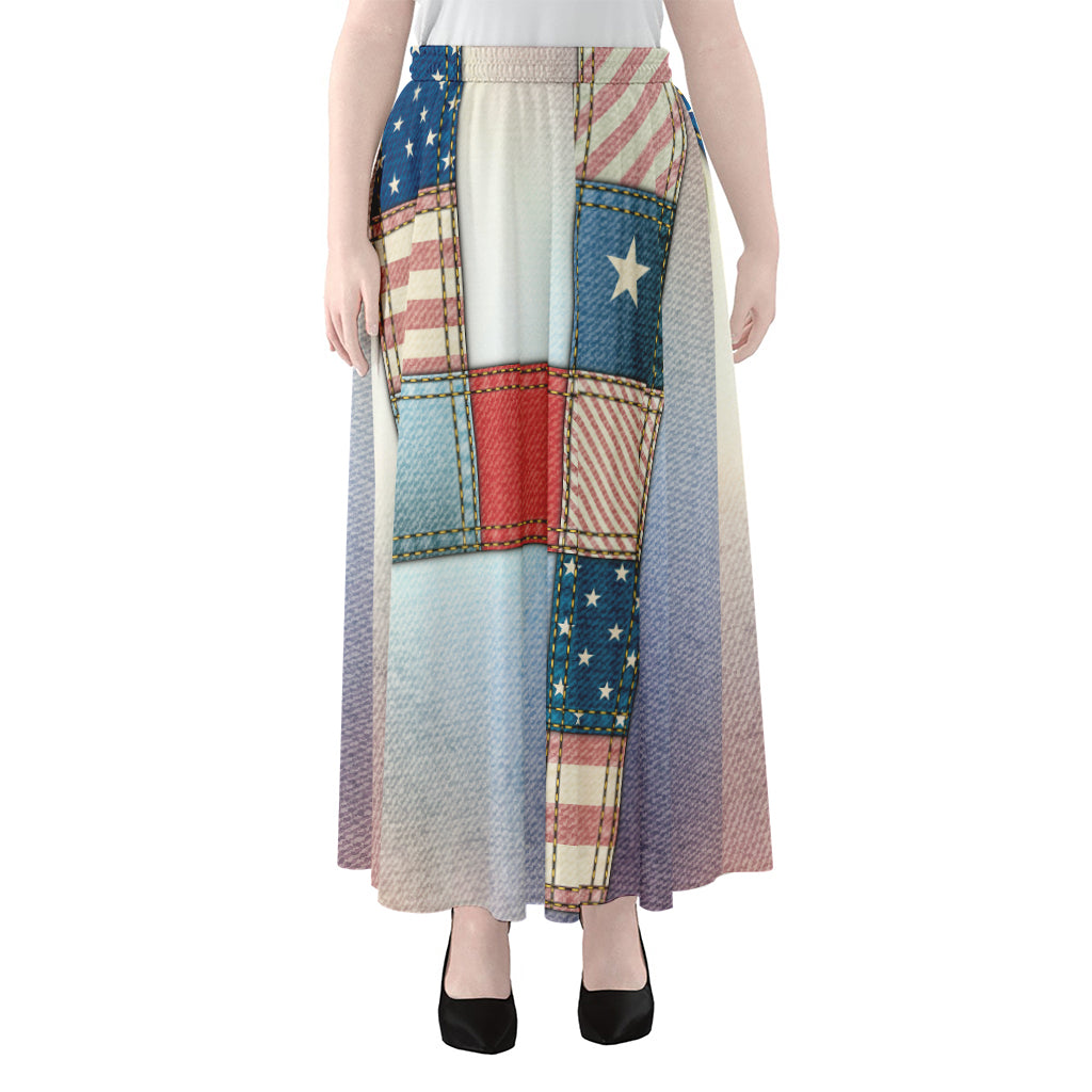4th of July USA Denim Patchwork Print Chiffon Maxi Skirt