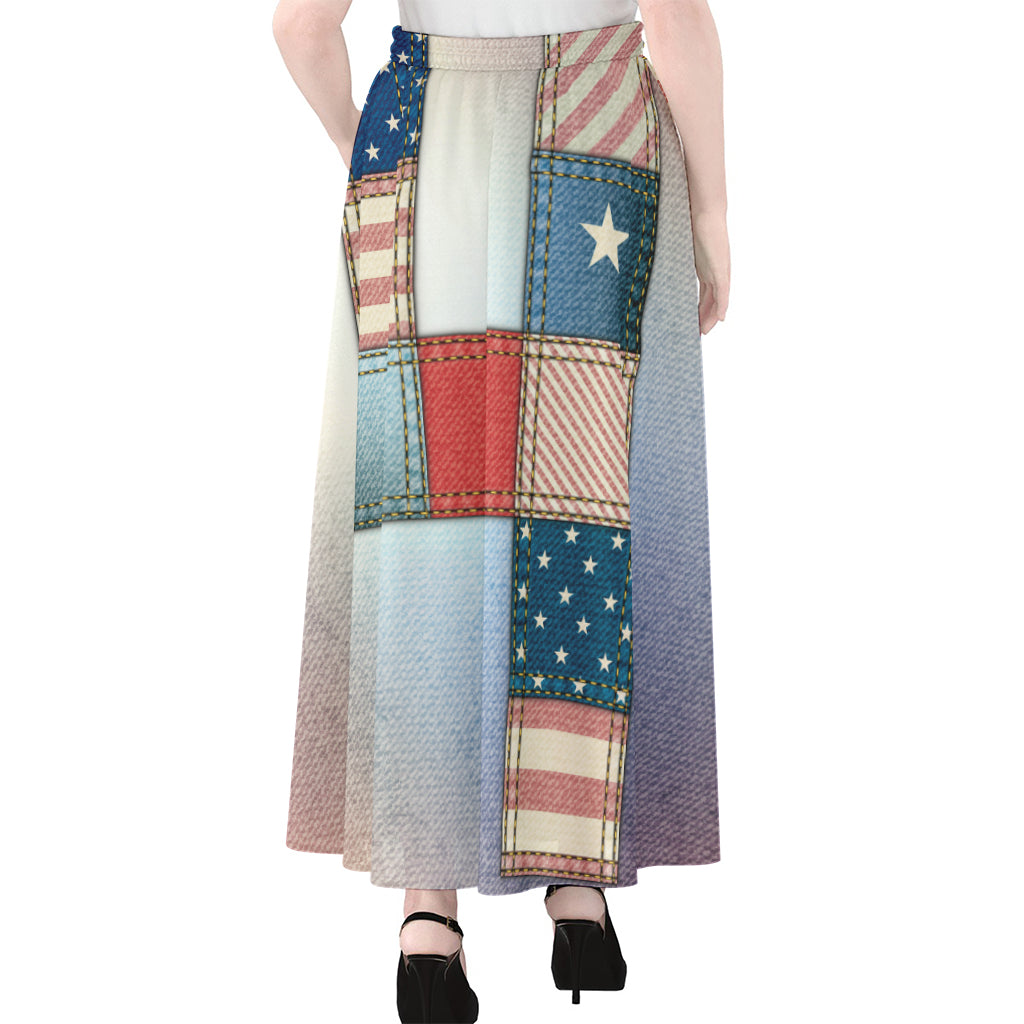 4th of July USA Denim Patchwork Print Chiffon Maxi Skirt