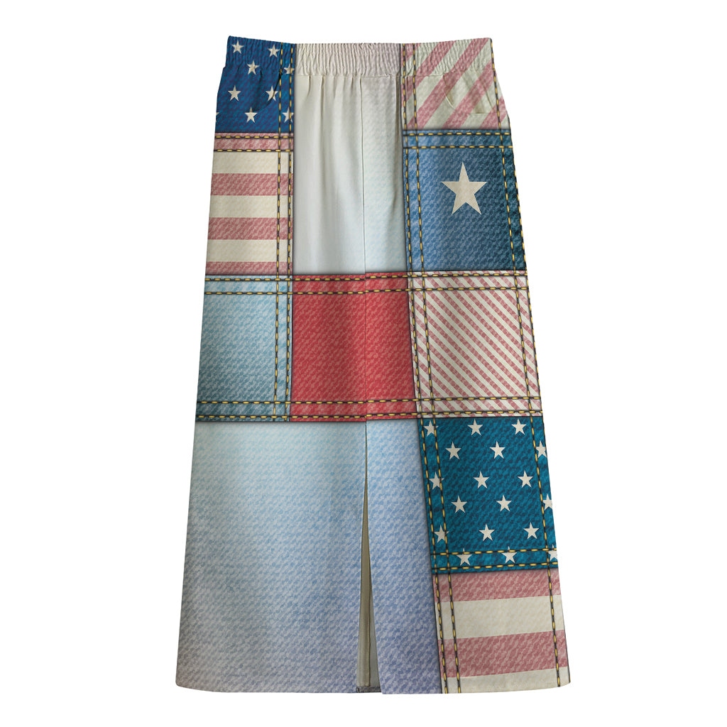 4th of July USA Denim Patchwork Print Cotton Front Slit Maxi Skirt