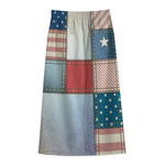 4th of July USA Denim Patchwork Print Cotton Front Slit Maxi Skirt