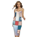 4th of July USA Denim Patchwork Print Cross Back Cami Dress
