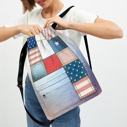 4th of July USA Denim Patchwork Print Drawstring Backpack