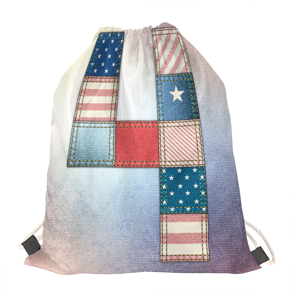 4th of July USA Denim Patchwork Print Drawstring Bag