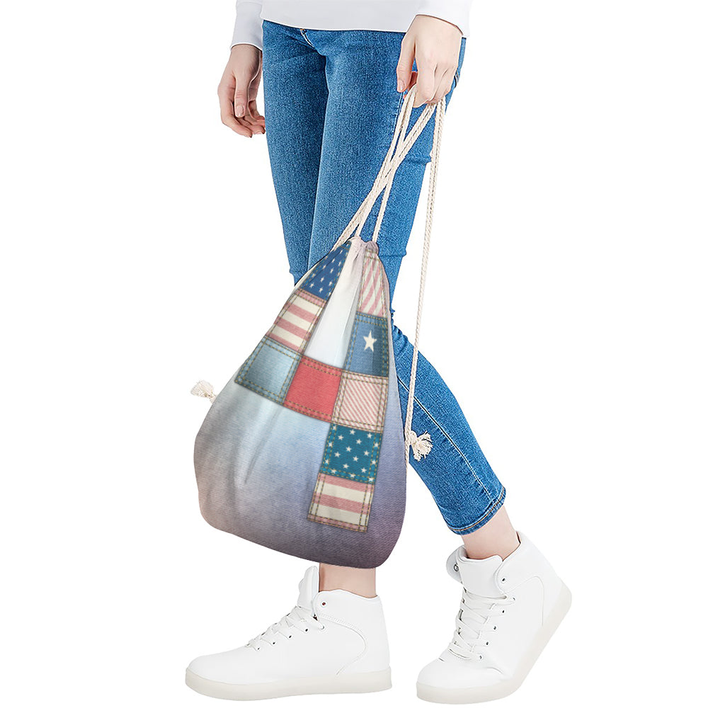4th of July USA Denim Patchwork Print Drawstring Bag