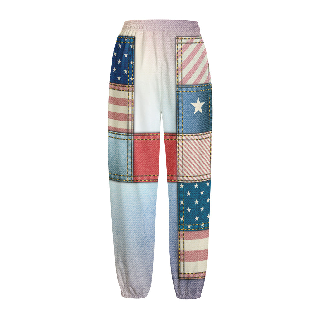 4th of July USA Denim Patchwork Print Fleece Lined Knit Pants