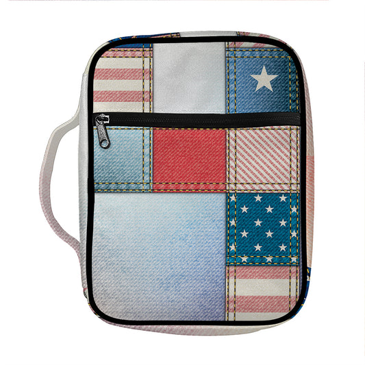 4th of July USA Denim Patchwork Print Front Pocket Bible Bag