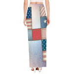 4th of July USA Denim Patchwork Print High Slit Maxi Skirt