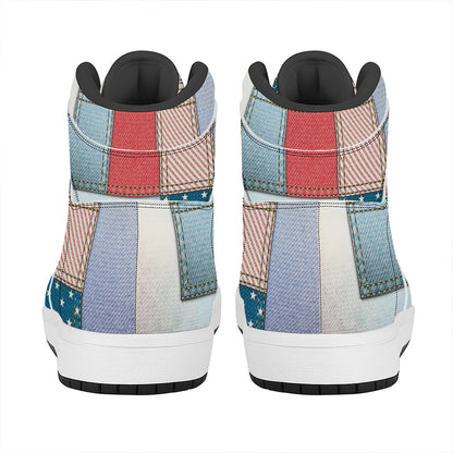 4th of July USA Denim Patchwork Print High Top Leather Sneakers