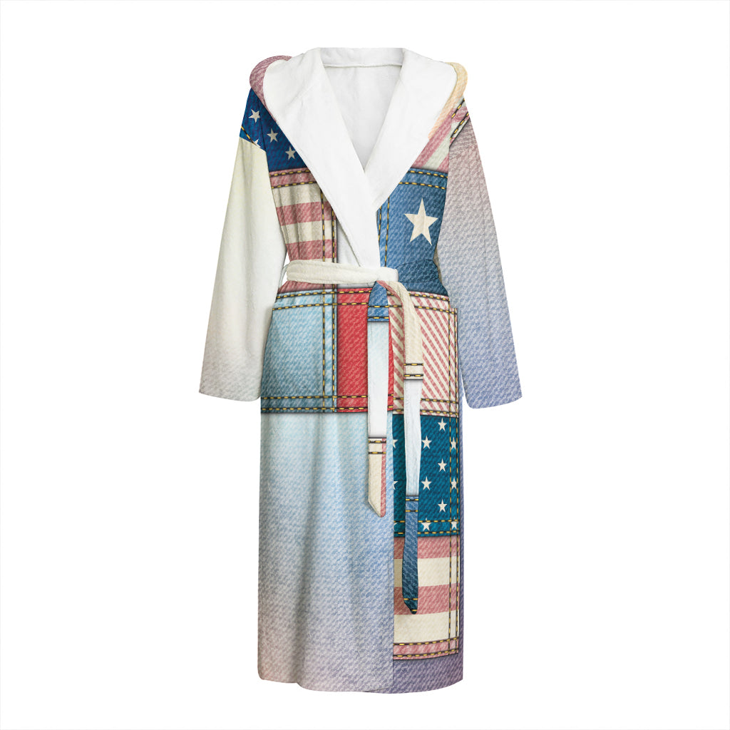 4th of July USA Denim Patchwork Print Hooded Bathrobe