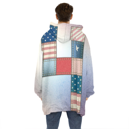 4th of July USA Denim Patchwork Print Hoodie Blanket