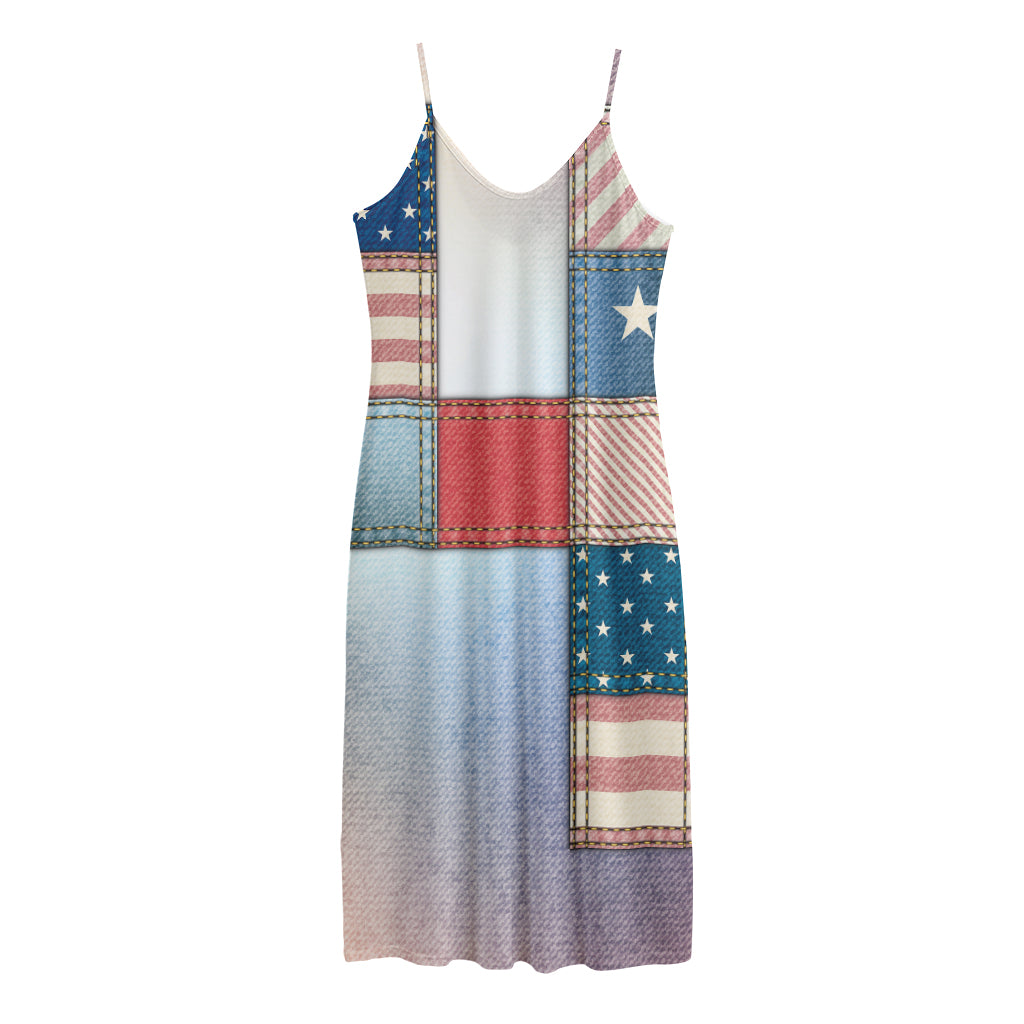 4th of July USA Denim Patchwork Print Jersey Midi Cami Dress