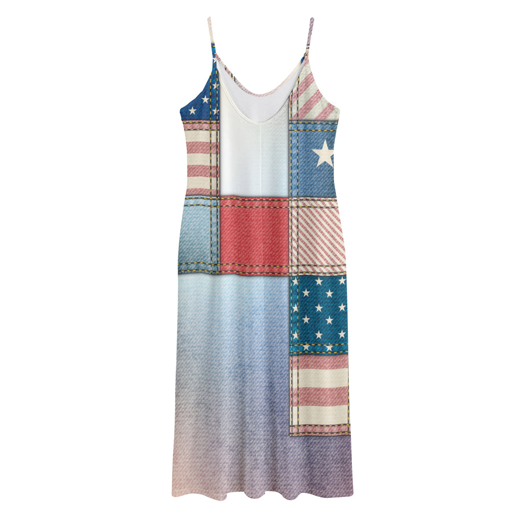 4th of July USA Denim Patchwork Print Jersey Midi Cami Dress