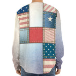 4th of July USA Denim Patchwork Print Long Sleeve Baseball Jersey