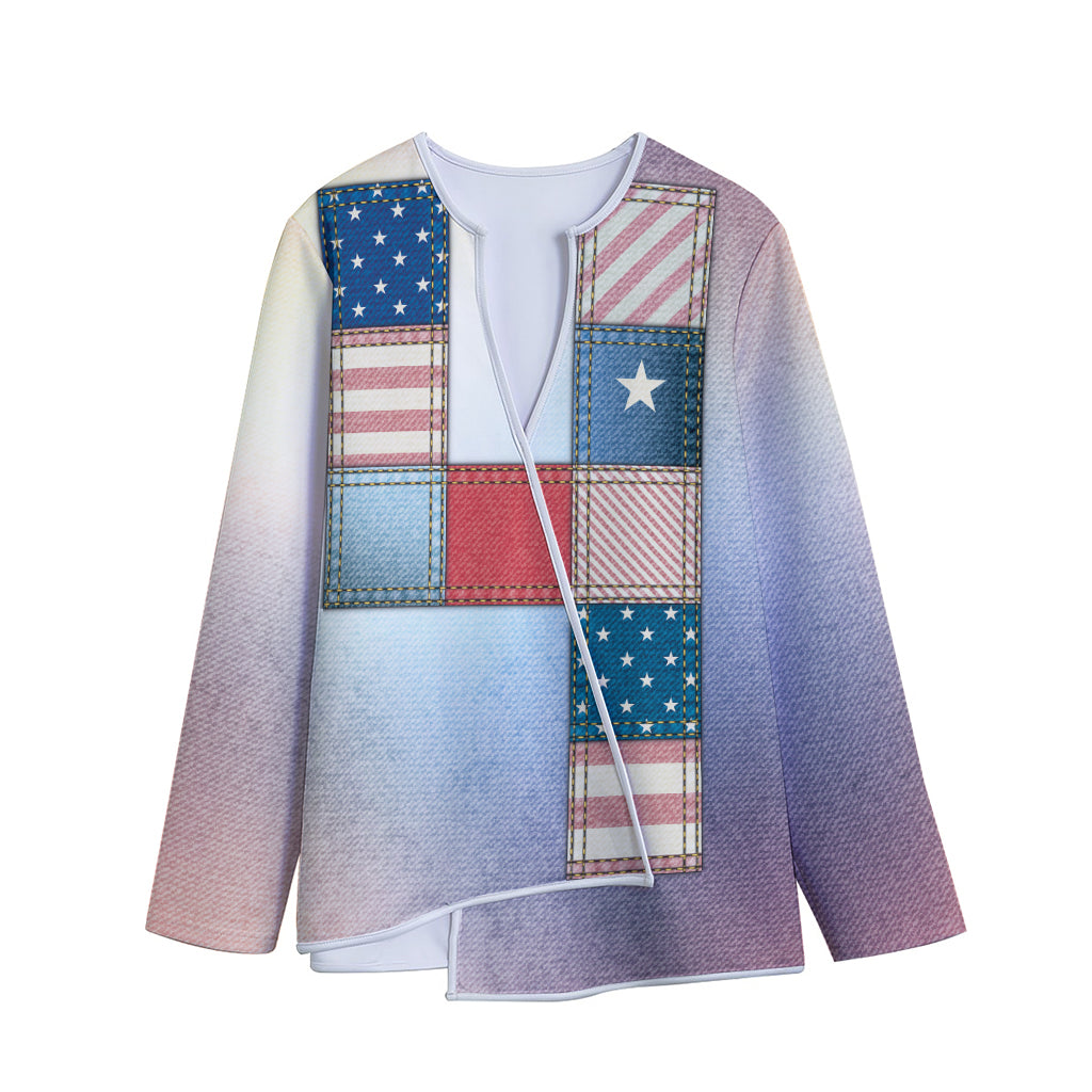 4th of July USA Denim Patchwork Print Long Sleeve Short Coat
