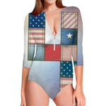 4th of July USA Denim Patchwork Print Long Sleeve Swimsuit