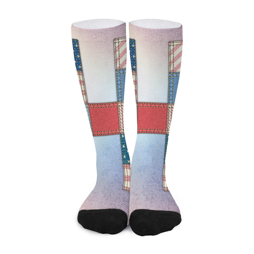 4th of July USA Denim Patchwork Print Long Socks
