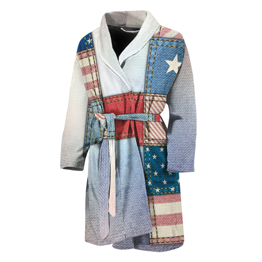 4th of July USA Denim Patchwork Print Men's Bathrobe