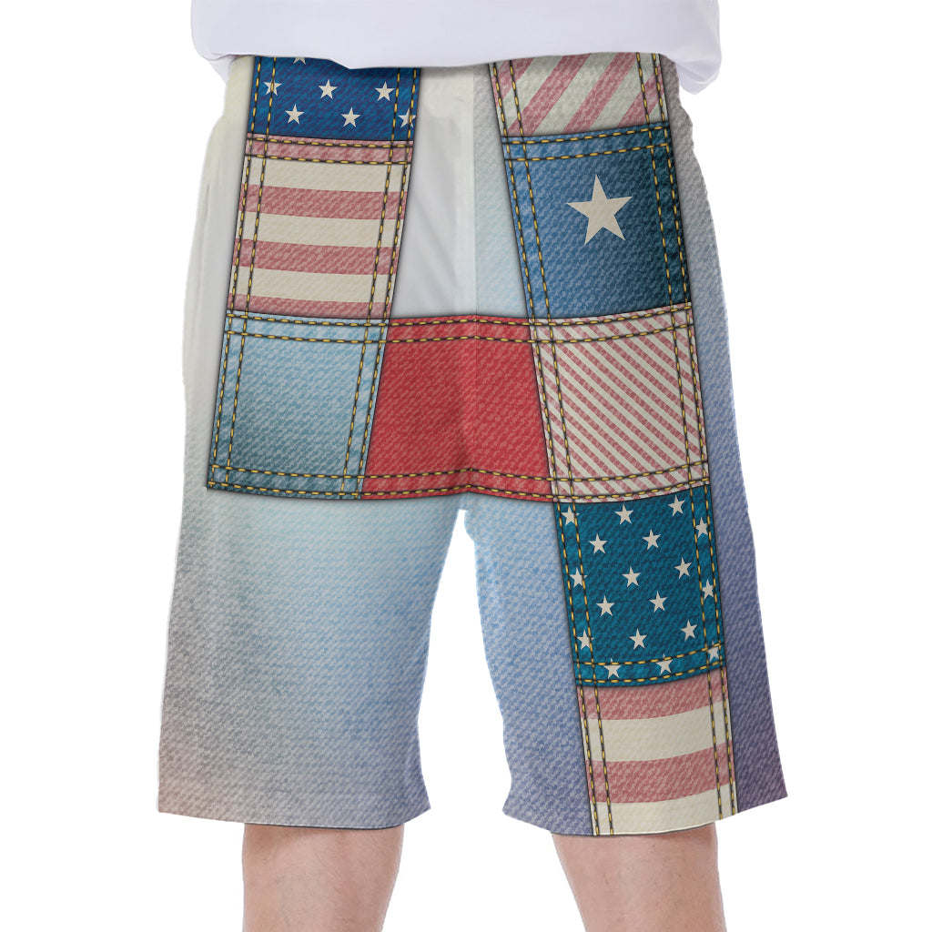 4th of July USA Denim Patchwork Print Men's Beach Shorts