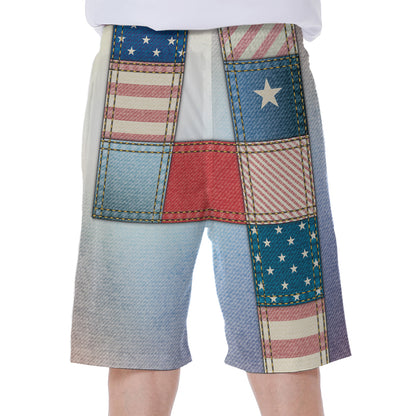 4th of July USA Denim Patchwork Print Men's Beach Shorts